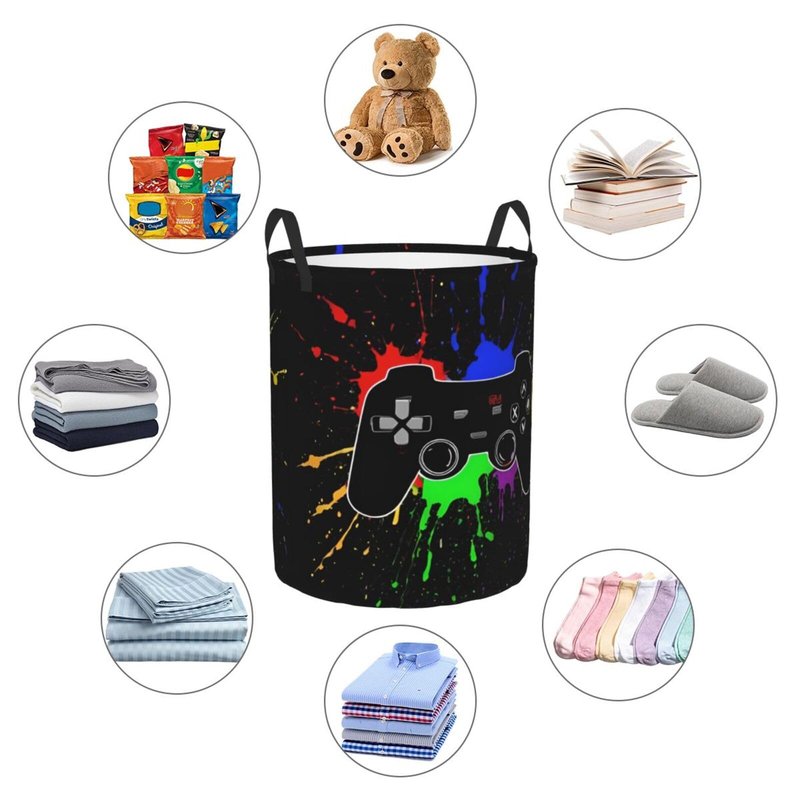 Gbuzozie 38l Round Laundry Hamper Game Joystick Storage Basket Waterproof Coating Organizer Bin For Nursery Clothes Toys