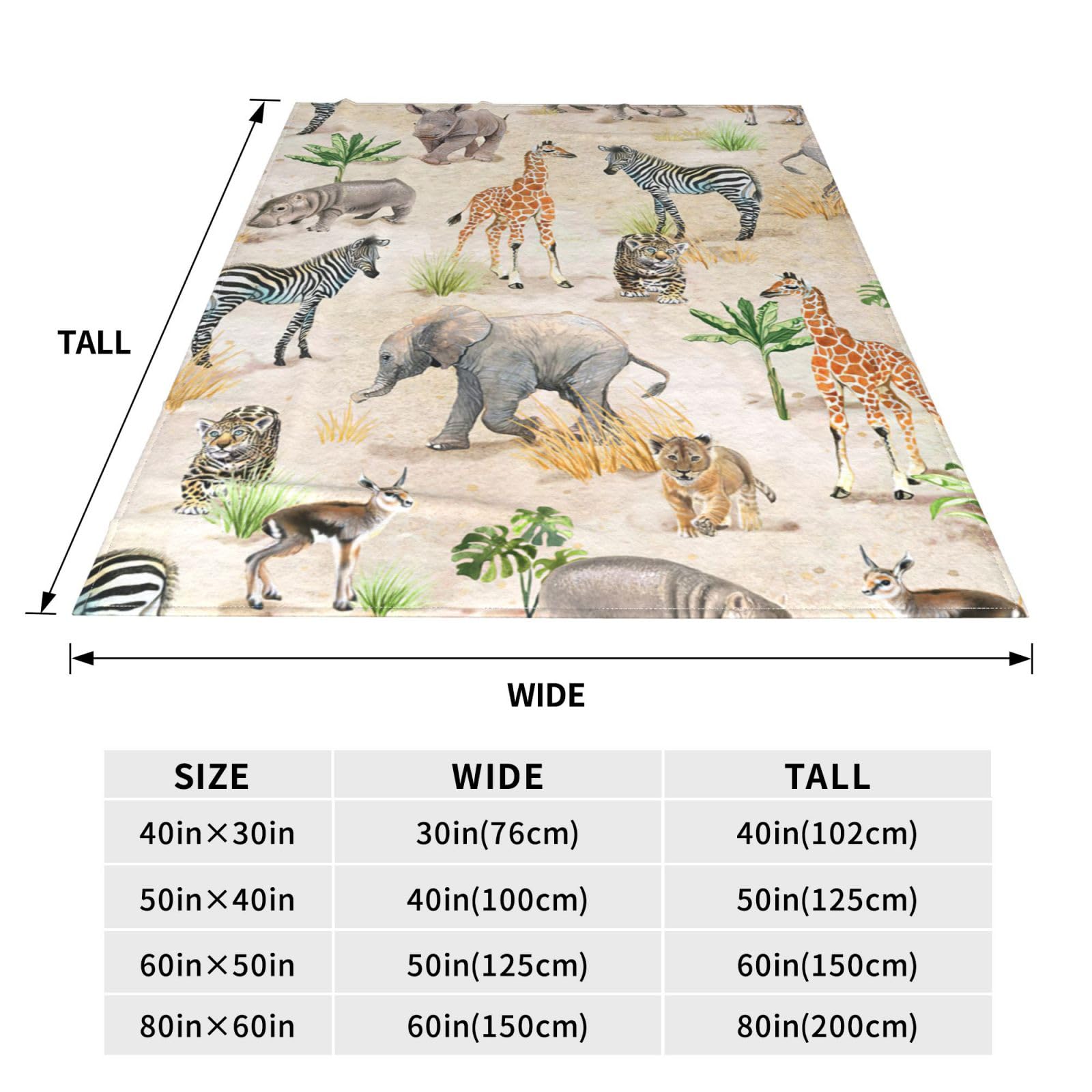 Zoo Animals Blanket African Safari Animals Elephant Tiger Giraffe Zebra Rhinoceros Decor Throw Blanket Gifts for Girls Boys Women Super Warm Soft Plush Fleece Flannel Blanket for Kids Adults 50"X40"