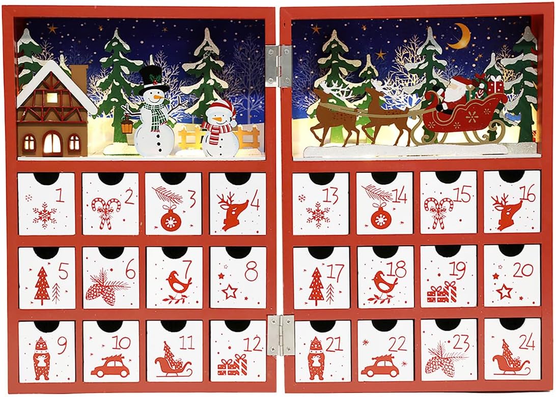 Regine Switzerland Christmas Wooden Advent Calendar - LED Lighting, Red Snowman & Santa Design, 24 Drawers for Holiday Countdown Decor
