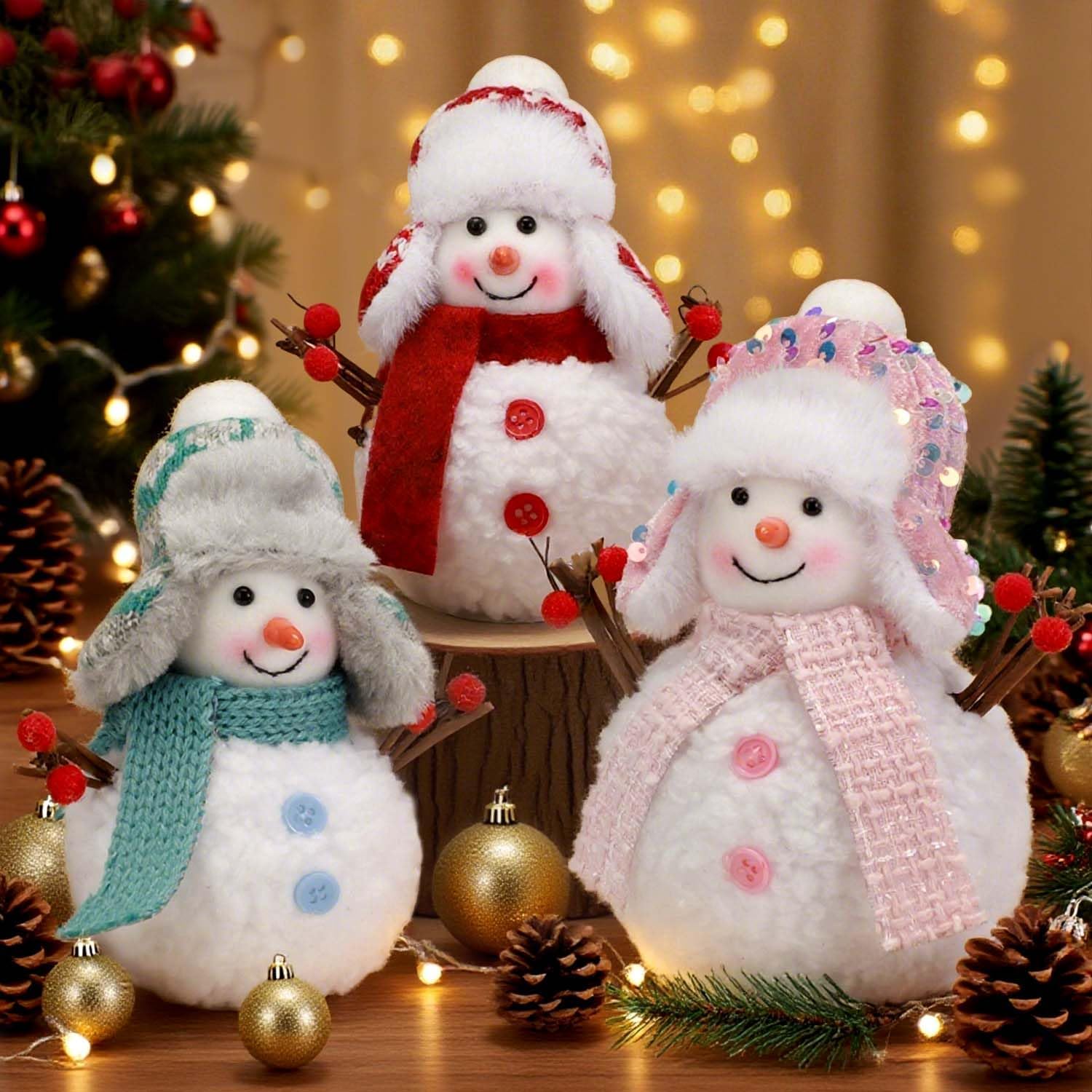 Skiennix Christmas Snowmen Plush Decorations - Set of 3 Collectible Figurines for Festive Home Decor