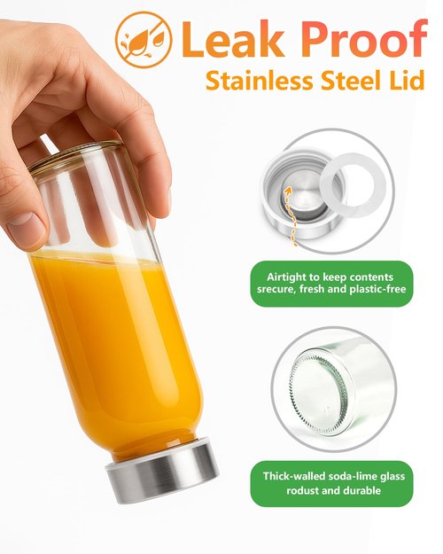 Zukro Glass Water Bottles with Lids 10.5 oz, 8 Pack Clear Reusable Glass Small Juice Bottles With Stainless Steel Cap for Juicing, Milk, Ginger Shot, BPA-Free Leak Proof 300ml Drinking Container Jar