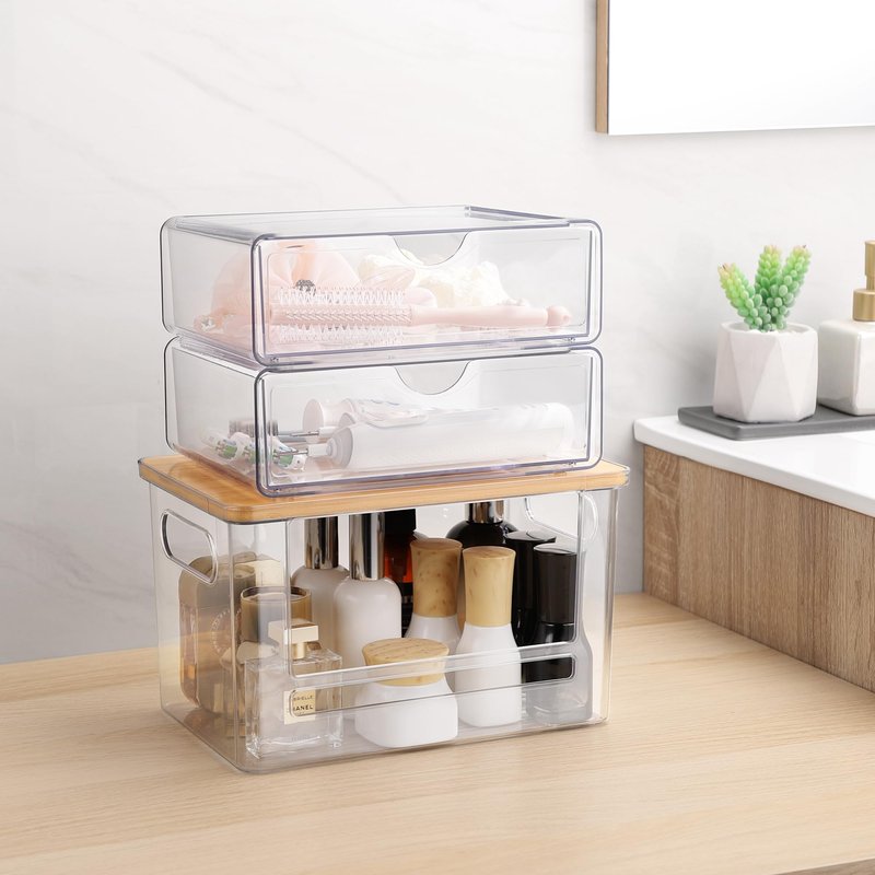 YAFFWA 3Pcs Extra Large Laundry Room Organization and Storage, Stackable Storage Drawers, Trash Bag Holder Under Sink, Garbage Bag Dispenser Roll Holder for Vanity, Bathroom,Cabinet,Desk Organization