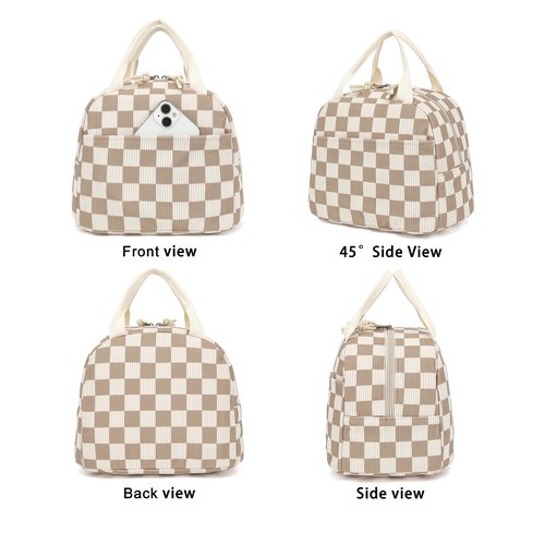 Dezcrab Corduroy Lunch Box for Women Girls, Cooler Lunch Bags Reusable Insulated Lunchbox for Picnic School Work Travel (Checkered Brown)