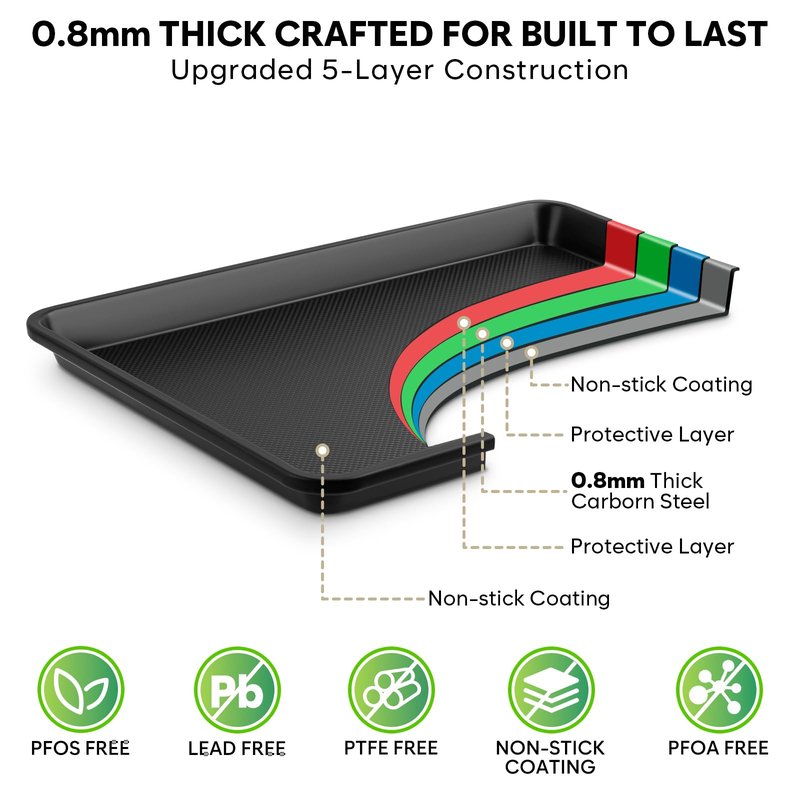 2 Pack Quarter Sheet Pan 12.8x9, Cookie Sheets for Baking 0.8mm Thick Non Stick Baking Sheets for Oven Heavy Duty Baking Trays