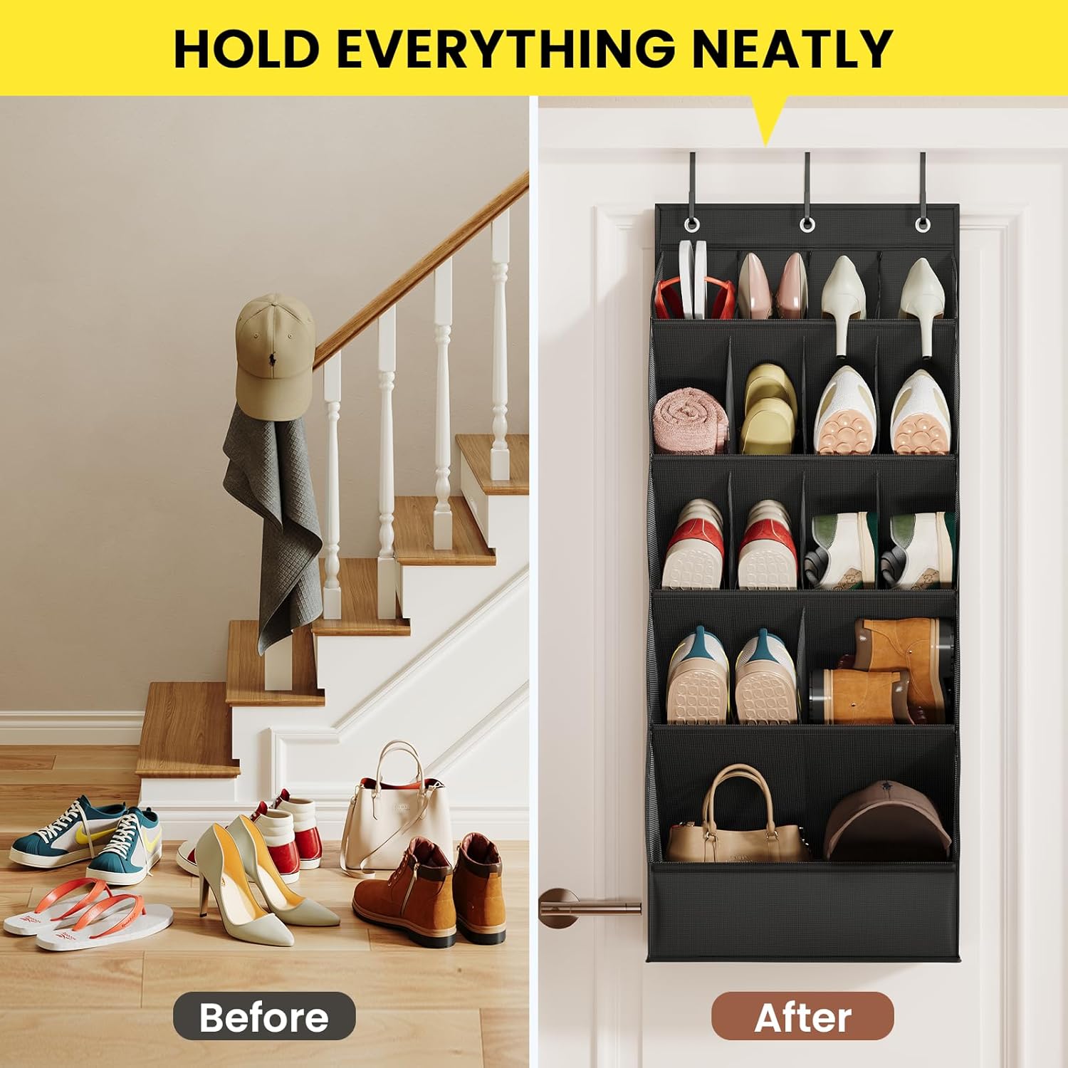 Skiennix Over The Door Shoe Organizer - 18 Pairs Capacity with Large Breathable Pockets | Black