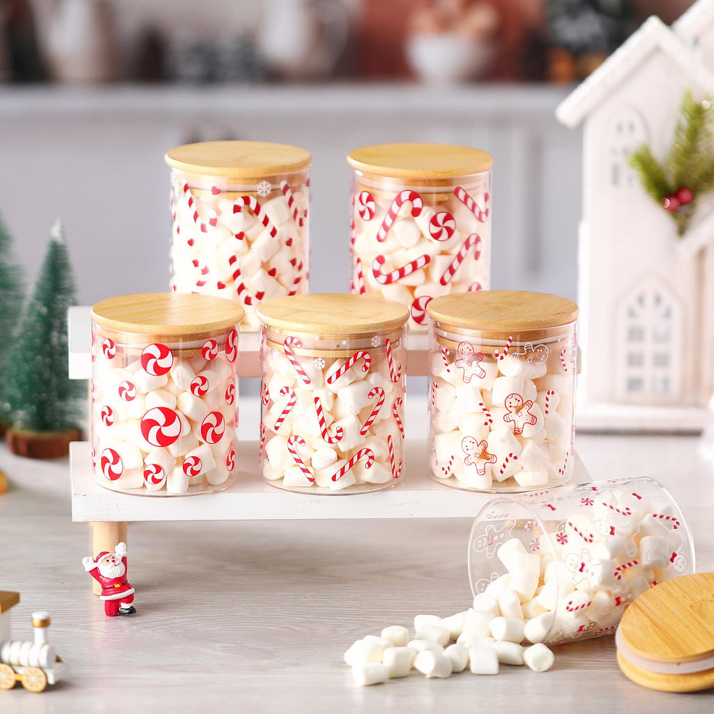 Sunnychicc 6 Pcs Christmas Glass Storage Jars with Airtight Lid Red White Candy Cane Gingerbread Man Santa Claus Glass Food Storage Jars for Xmas Kitchen Cookie Coffee(Candy Cane)