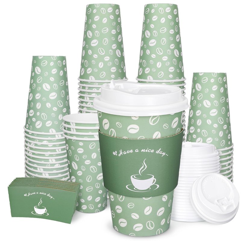 Whaline 100 Pack Disposable Coffee Cups with Lids and Sleeves 16oz Sage Green Thickened Leak-Proof Paper Cups To Go Coffee Cups for Hot Cold Drink Cafes Shops Cappuccino Chocolate Beverage Cocoa