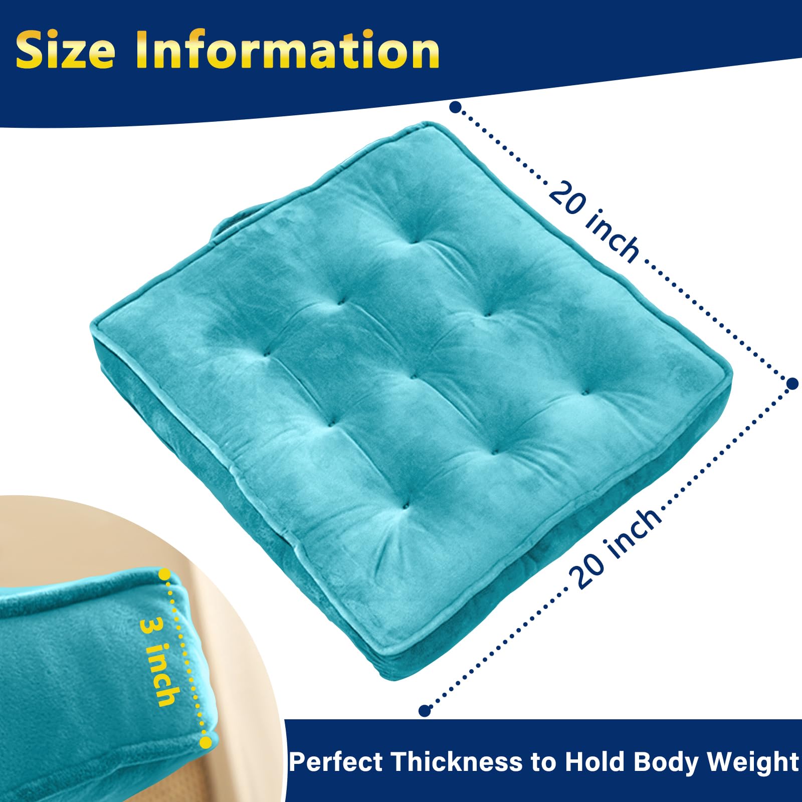 1 MIDDLE ONE Floor Pillow Set of 2, Memory Foam Meditation Cushion, Floor Cushions for Adults Sitting, Large Square Seat Cushions for Yoga, Couch, Sofa, Kids, Living Room, 20x20 Inch (Blue)