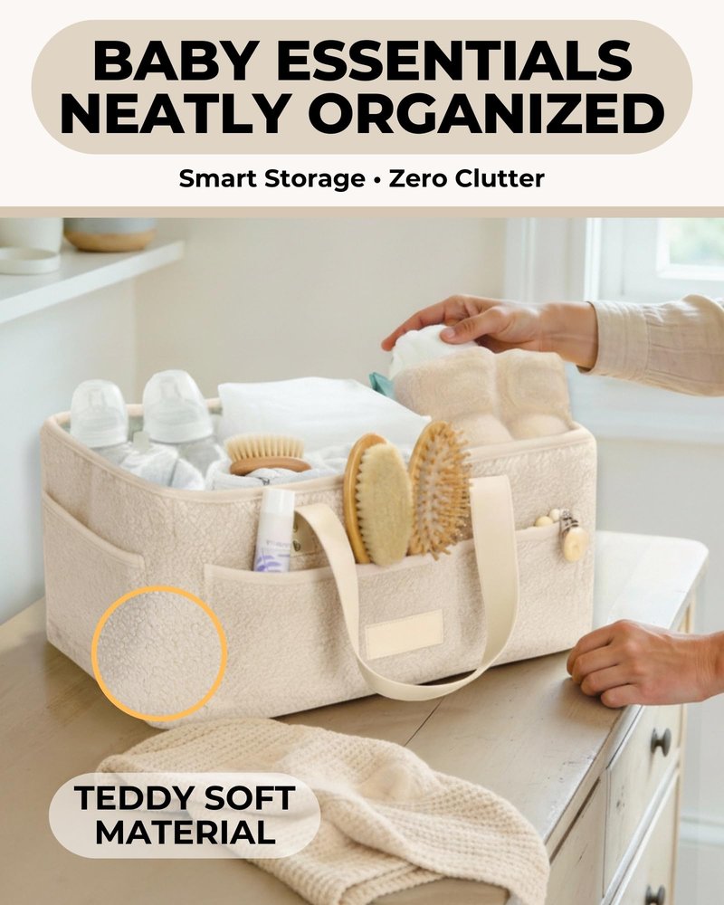 Toodly Baby Diaper Caddy Organizer with Portable Changing Mat - Teddy Fleece Diaper Organizer for Changing Table - Basket for Changing Essentials - Baby Essentials Organizer with Removable Dividers