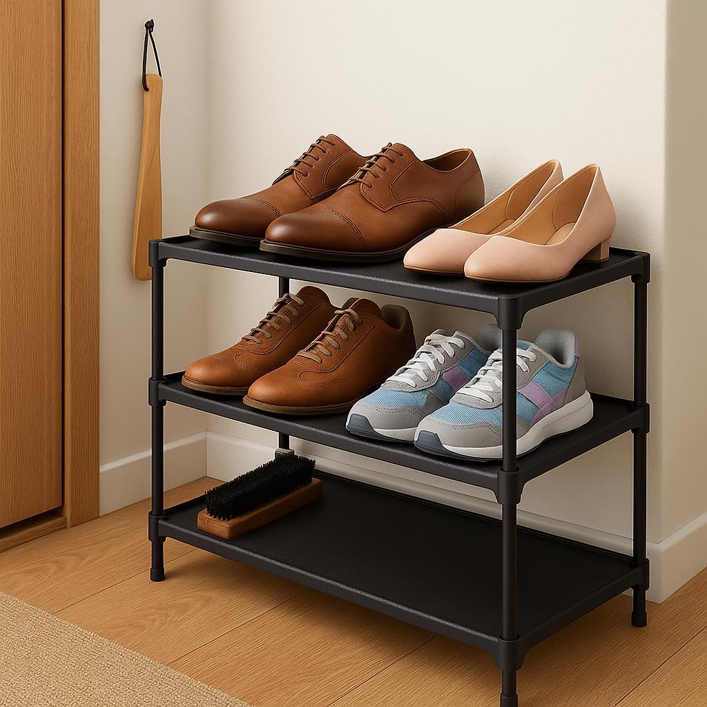 Skiennix 3-Tier Shoe Rack Organizer - Durable Plastic Storage Shelf for Entryway & Closet - Black