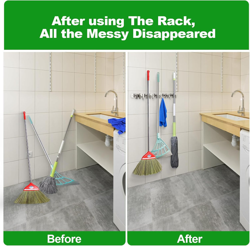 Voze Mop and Broom Holder - 5 Racks & 4 Hooks, Heavy-Duty Self-Adhesive Organizer | Silver