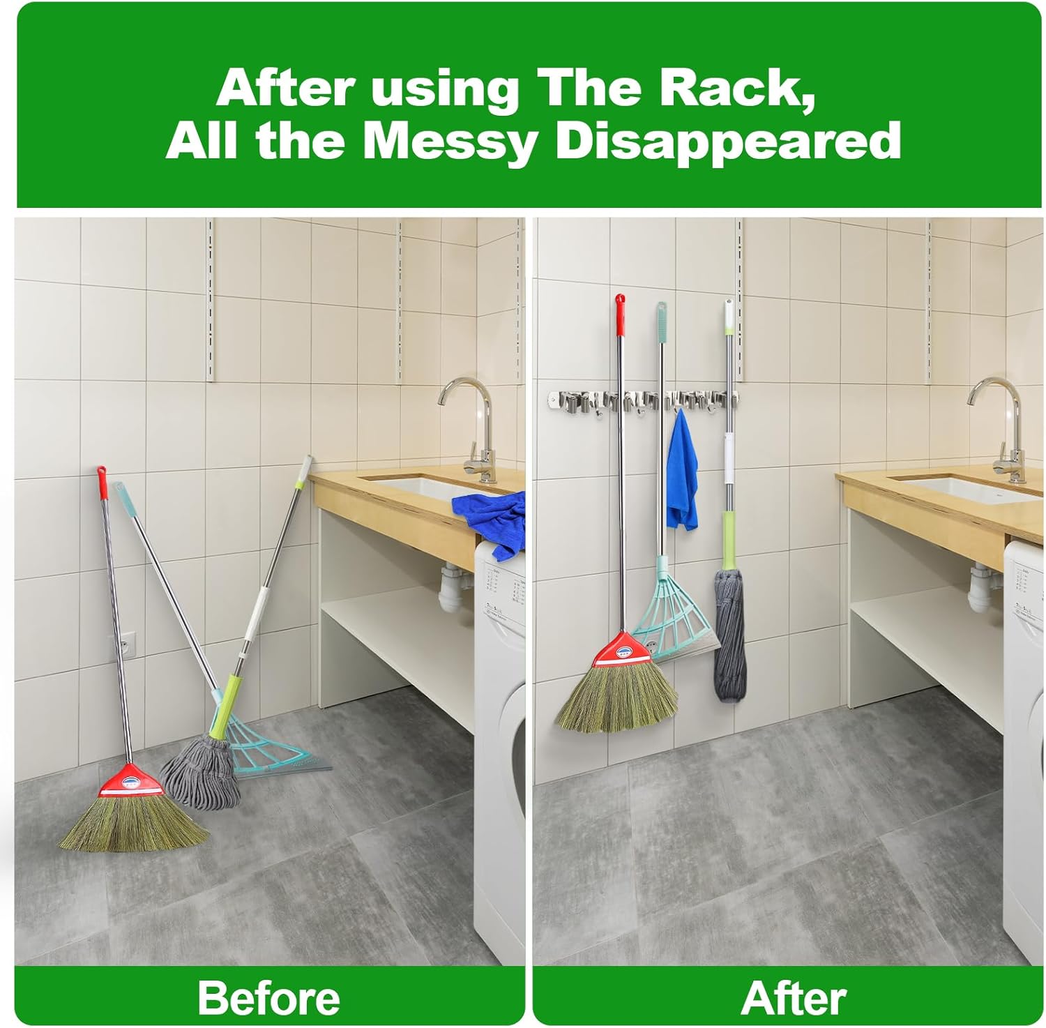 Voze Mop and Broom Holder - 5 Racks & 4 Hooks, Heavy-Duty Self-Adhesive Organizer | Silver