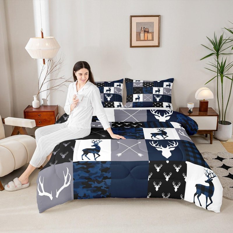 Manfei Camo Deer Antlers Comforter Set Full Size,Geometric Plaid Patchwork Bedding 3pcs for Kids Teens Girls Boys Room Xmas Cabin Quilt Set,Blue Grey Rustic Farmhouse Duvet Insert,2 Pillowcases