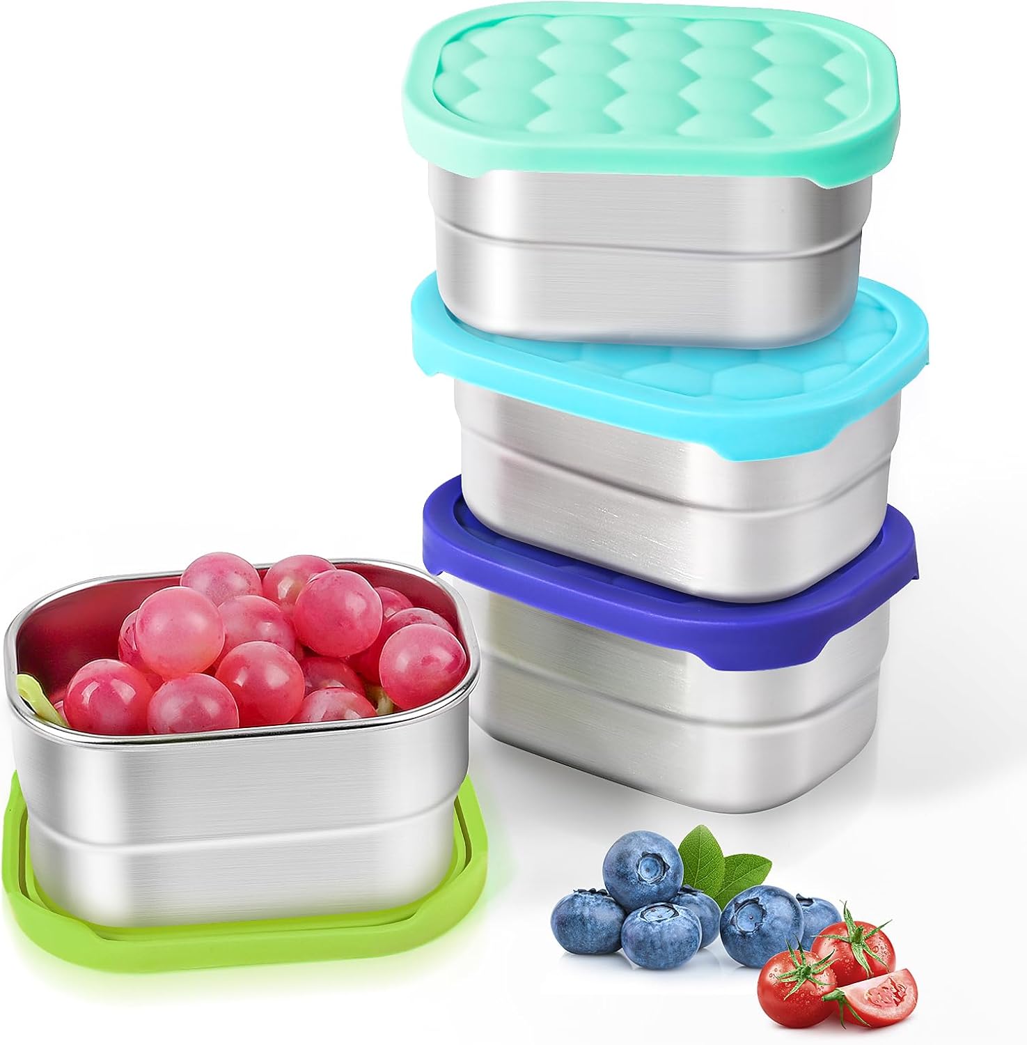 Tanjiae Stainless Steel Snack Containers - 4-Pack 8oz | Reusable Easy-Open Toddler Lunch Box with Silicone Lids