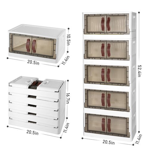 Simple Deluxe Plastic Storage Bins with Lids, 200 Qt (50 Gal) Storage Cabinet, 5 Pack Stackable Beige Closet Organizer, 20.5 x 11.4 x 52.4Inch Foldable Plastic Storage Container with Door