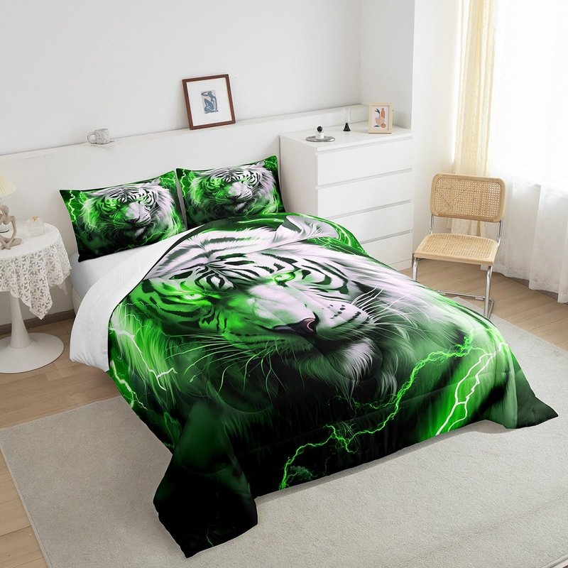 Castle Fairy 3D Tiger Comforter Set Queen Size,Neon Green Lightning Bedding Set White Black Tiger Wild Animals Quilt Set 3Pcs for Kids Boys Teens Adult Room Decor, Duvet Insert,2 Pillowcases