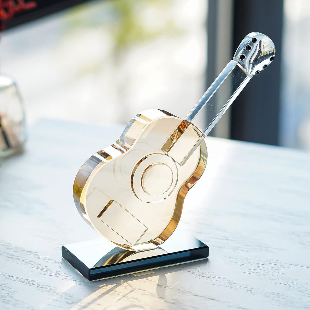 QFkris Crystal Guitar Figurine - Blown Glass Musical Sculpture Paperweight | Champagne Color Decor