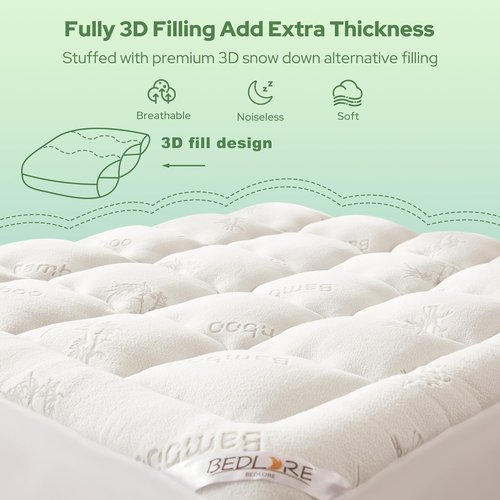 BEDLORE Full Size Mattress Topper - Bamboo Viscose Pillow Top for Back Pain Relief | Fits 6-15 Inch Mattresses