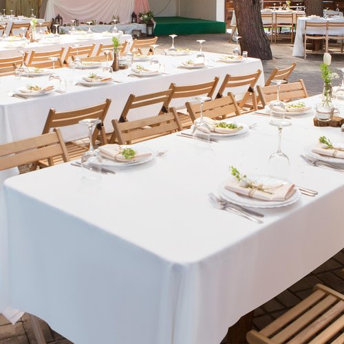 Sinload 25 Pack White Paper Tablecloths for Rectangle Tables 55 x 110 Inch 3 Ply Table Cloths with Plastic Backing Disposable Paper & Plastic Table Cloth for Wedding Birthday Party