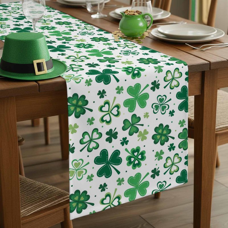 St Patrick's Day Green Shamrocks/Clover Table Runners Cotton Linen Non-Slip Rectangle Dresser Scarves for Spring Party Holiday Kitchen Dining Banquet/Family Gathering Home Decor,13" x 70" Long