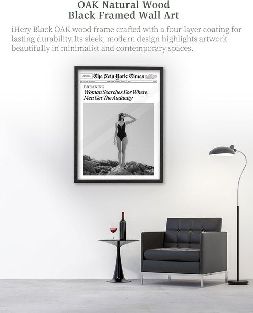 iHery Premium Black Oak Wood Framed Wall Art - Retro Woman Canvas Decor for Dorm & Living Room | 16x20in