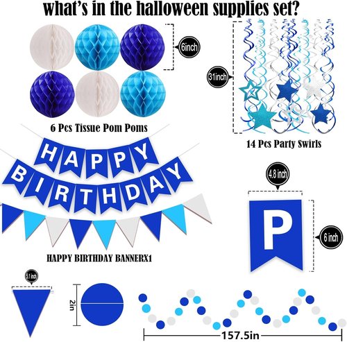 FECEDY Happy Birthday Banner - Navy Blue Paper Flag & Confetti Garland for Party Decor