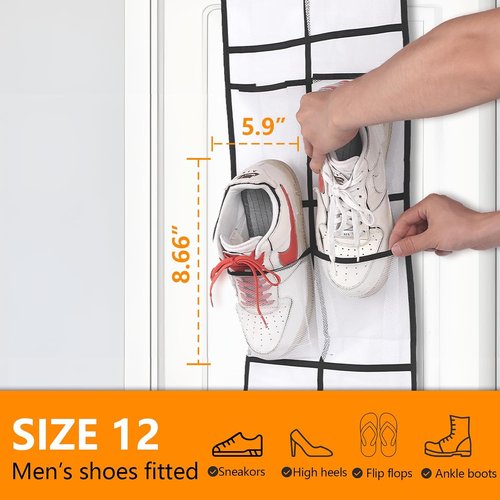 MSLOVE Over The Door Shoe Organizer - 12 Large Mesh Pockets for Closet Storage, White | 2 Pack