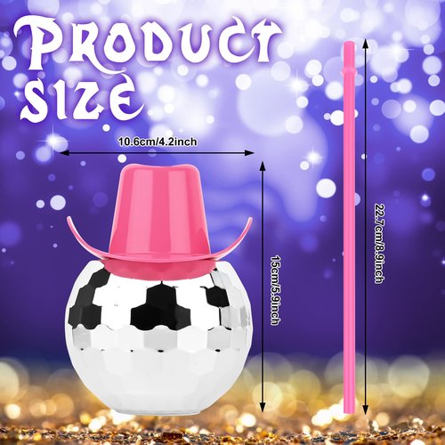 MAKCNMYM 9 PCS Disco Ball Cups Pink Cowgirl Hat Mirror Party Cup with Straws Silver 70s Cocktail Cup Sparkling Tumbler Wine Glass for 1970s Bar Dance Cowboy Bachelorette Party Decorations Supplies