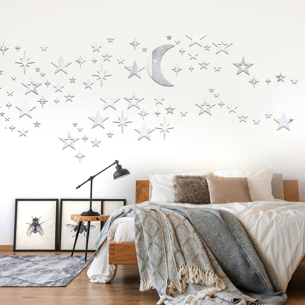 Shappy 100 Pcs Acrylic Moon Star Mirror Wall Stickers Decal 3D Acrylic Mirror Stickers Removable Decal for Room Good Night Nursery House Bedroom Wall Decor(Silver)