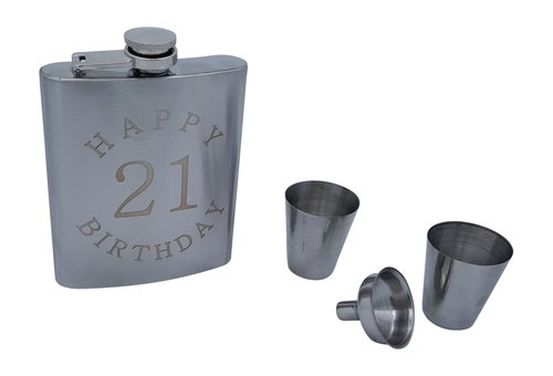 21st Birthday Flask Gift Set - 7 oz Flask Engraved with Happy 21 Birthday