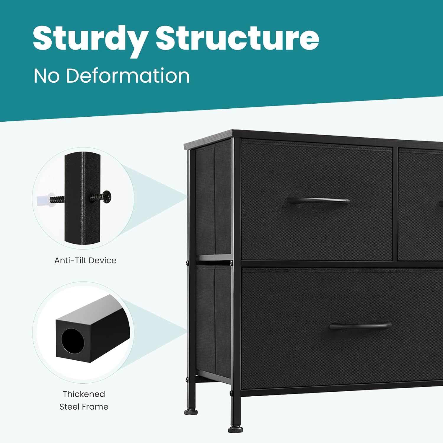 OLIXIS 5-Drawer Dresser - Sturdy Fabric Storage Tower with Wooden Top & Easy-Pull Bins for Bedroom & Living Room