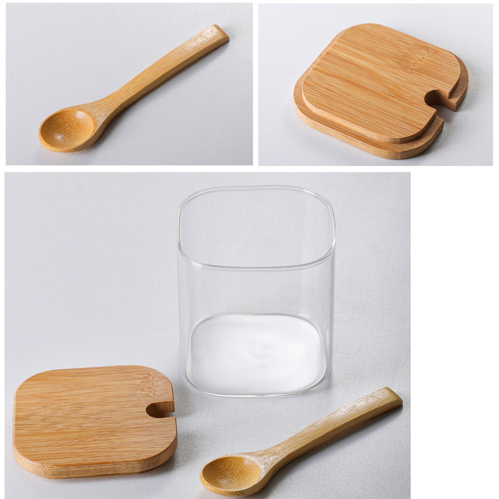 FANTESTICRYAN Glass Condiment Canister Pots with Bamboo Lids and Spoons, Kitchen Condiment Canisters, Set of 2 (Square)