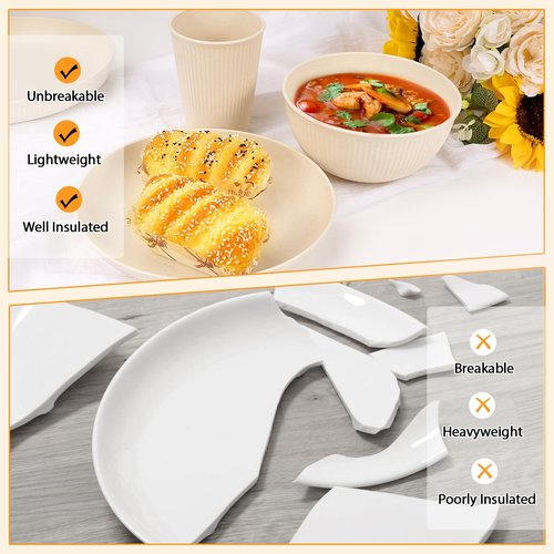 Lzerking Wheat Straw Dinnerware Sets for 8, 32-Piece Plates and Bowls Sets for Kitchen, Dishwasher Safe, Reusable Unbreakable Dinnerware Set for Camping, RV, Picnic