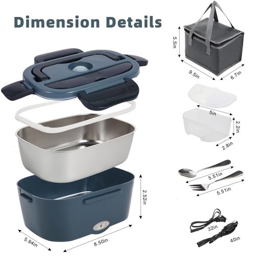 SOHIDA Electric Lunch Box, 12V/24V/110V Portable Food Warmer with SS Fork & Spoon for Car/Truck/Office, 80W Self Heating Lunch Box with 1.5L 304 Stainless Steel Container & 0.45L PP Fruit Box Black