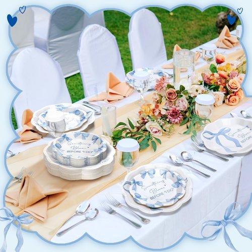 Roshtia 100 Pcs Something Blue Before I Do Paper Plates Blue Bowknot Wedding Bow Decorations 7 Inch 9 Inch Disposable Dinner Plates Bulk for 50 Guests Wedding Bridal Shower Engagement Bachelorette