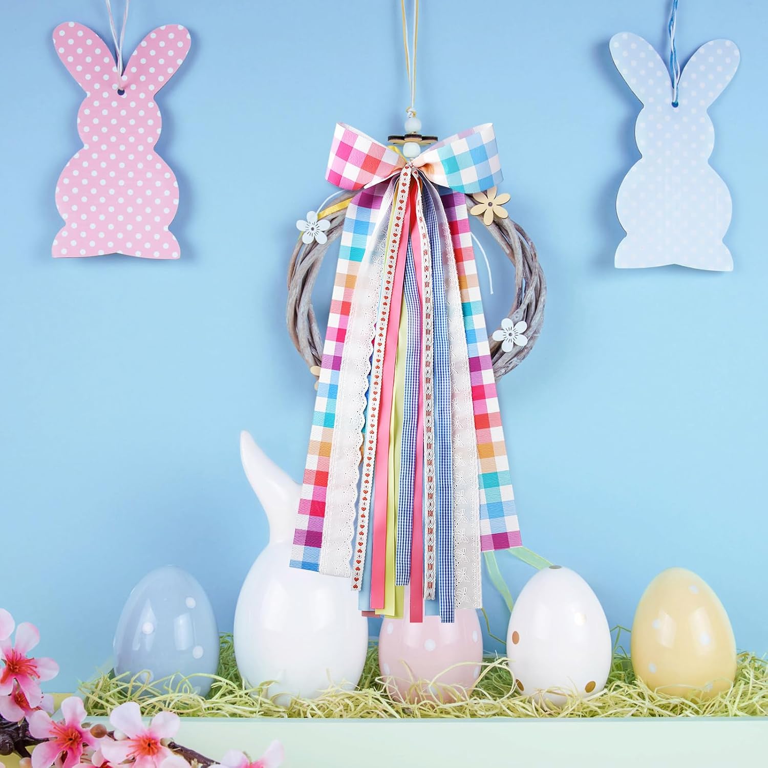 Riceshoot Large Spring Wreath Sash - Pink Plaid Bow & Clip for Front Door | 9.84'' x 23.62'' Easter Decor