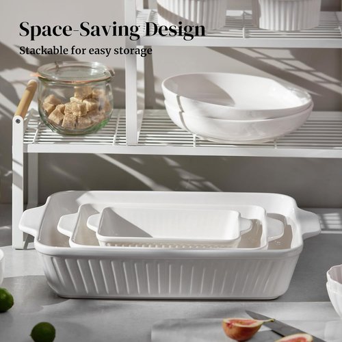 DOWAN Casserole Dishes Set - Ceramic Bakeware for Oven | 3-Piece Lasagna Pan Set in Soft White (15.6''/12.2''/8.9'')