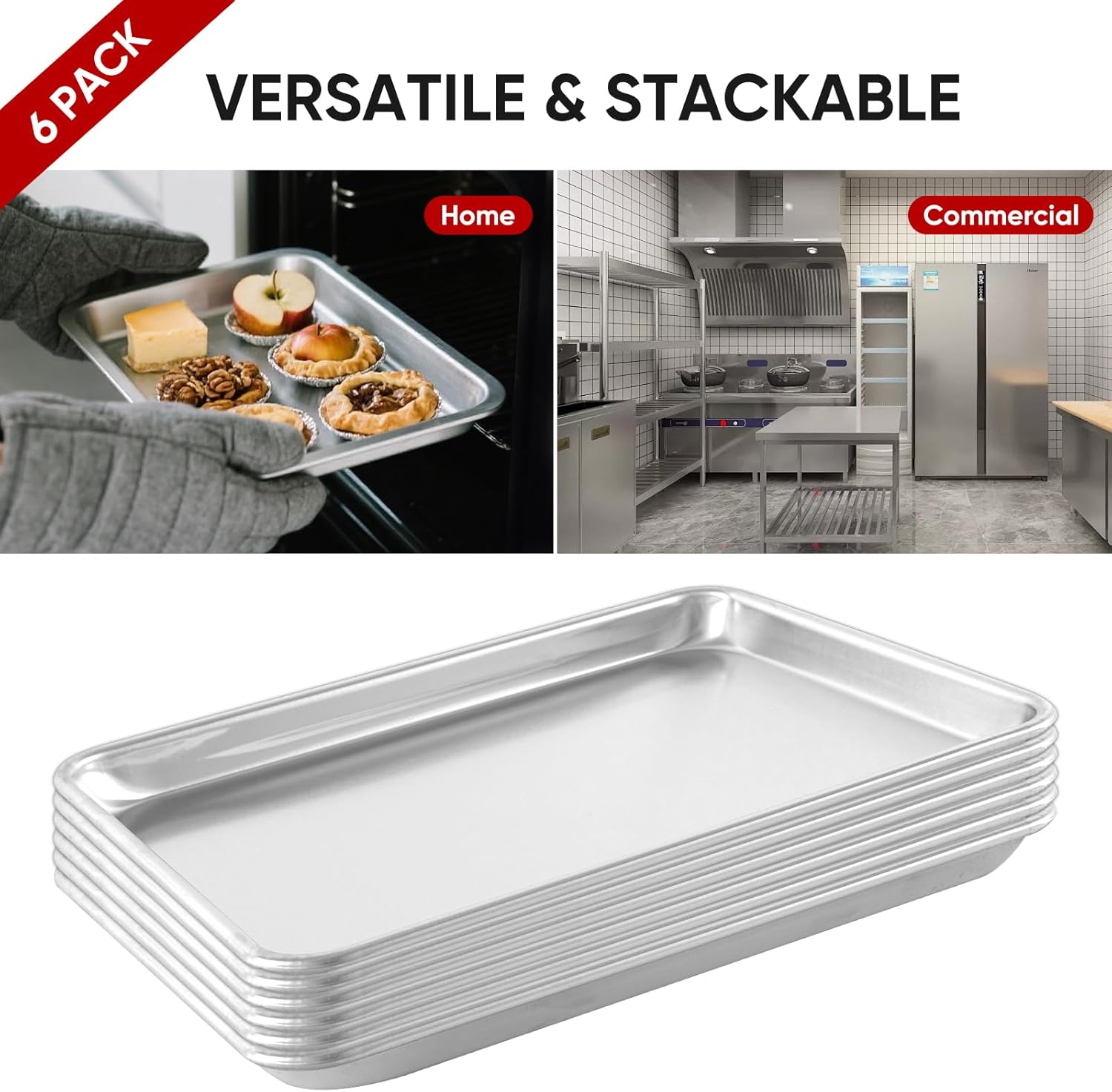 TENUP 6 Pack Aluminum Quarter Sheet Pan - Heavy Duty 13" x 9" Baking Tray | Warp-Resistant & Rust-Free