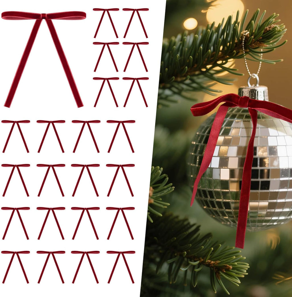 Skiennix 24PCS Velvet Bows - Pre-Tied Vintage Christmas Tree Ornaments | Burgundy, 5 x 7 Inch