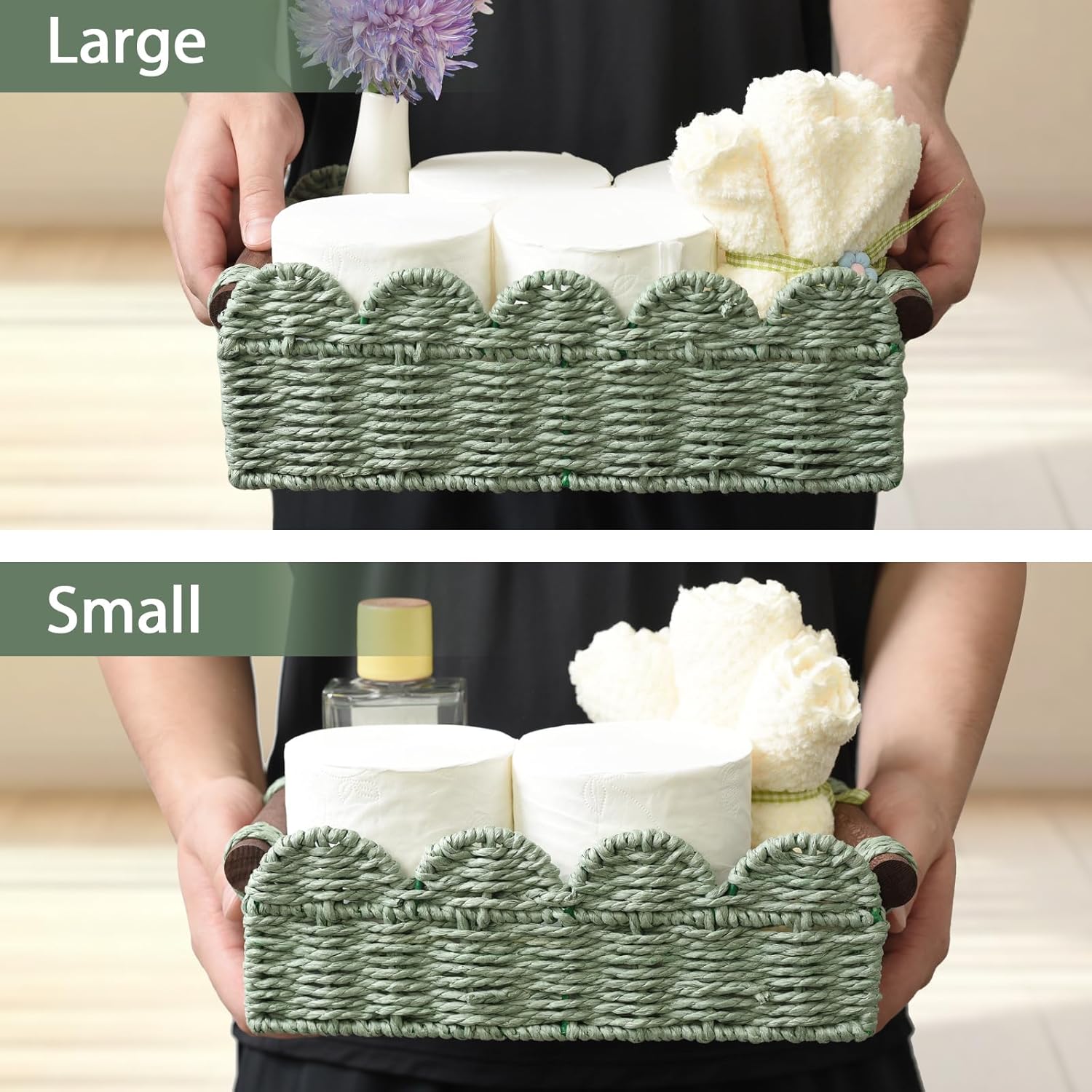 Regine Switzerland Handwoven Toilet Paper Storage Baskets - Set of 2, Scalloped Design, Green