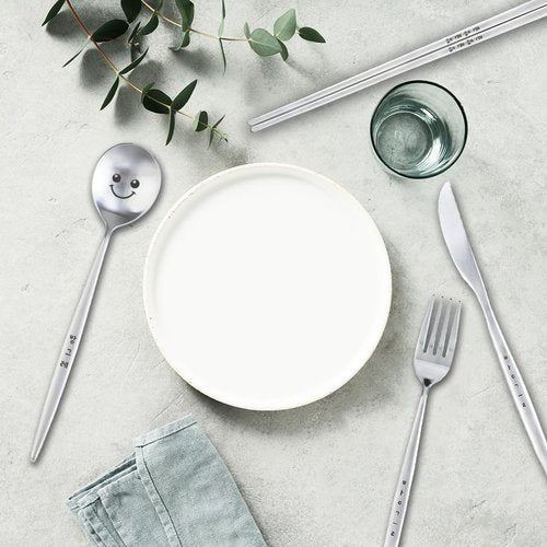 BAPMOO Flatware Cheerful Face Cutlery Set Tableware Engraved Korean Character Hangeul Cute Good for Gift Stainless Steel Metal Reusable Flat Chopsticks