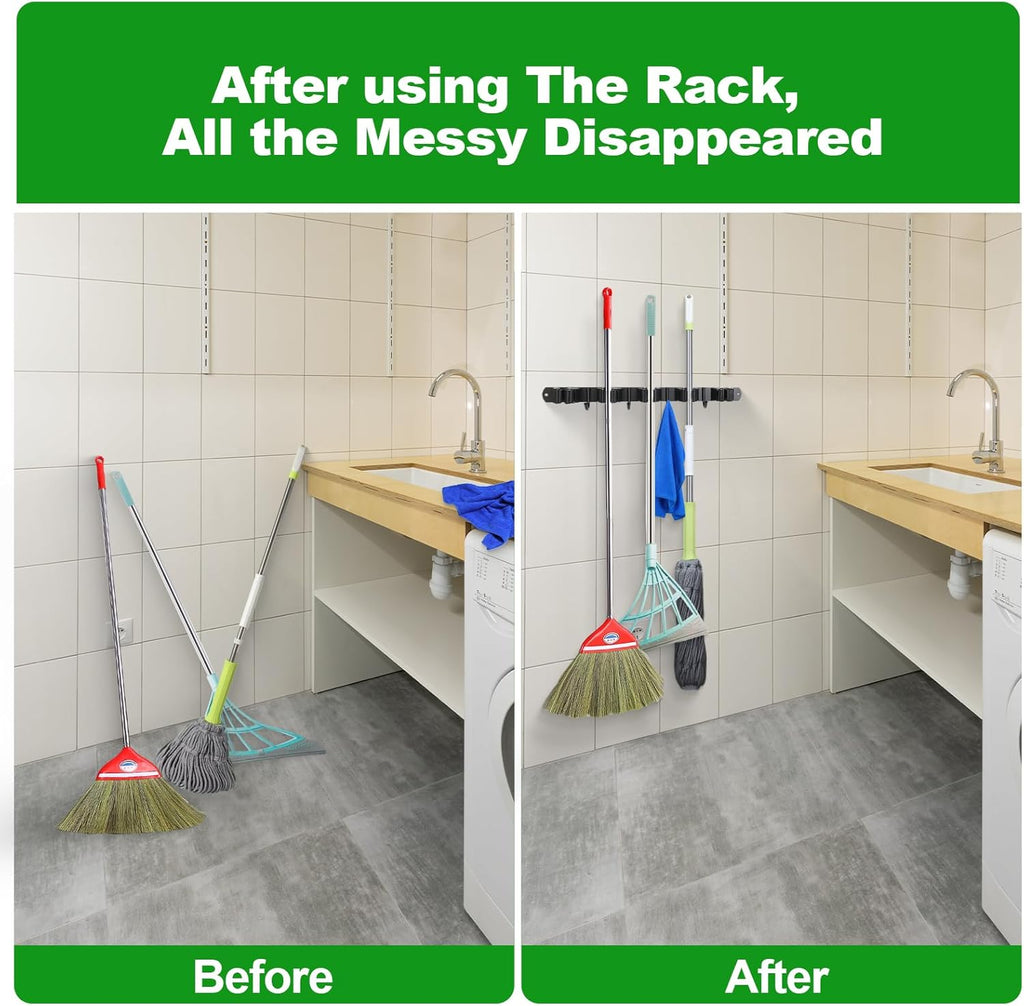 Voze Mop and Broom Holder - 5 Racks & 4 Hooks, Heavy-Duty Wall Mount Organizer - Black