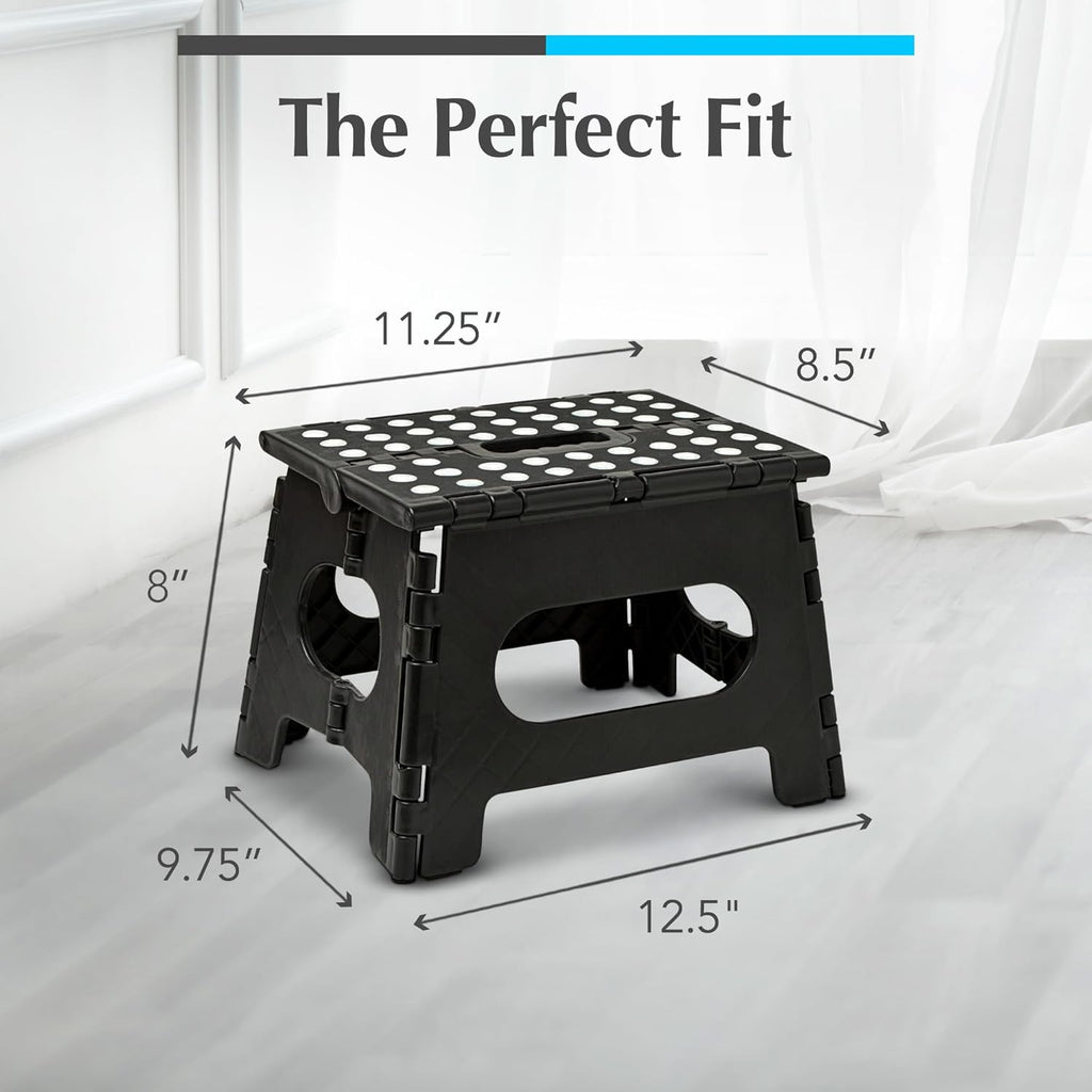 Skiennix Handy Laundry Folding Step Stool - Lightweight & Sturdy for Adults & Kids | Easy One-Flip Open - Black - 8 Inch
