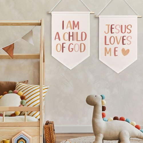 ChissNook Christian Nursery Canvas Banner Set of 2, Boho Nursery Decor Girl Boy Hanging Pennant Banner Flags Wall Display, I Am a Child of God Jesus Loves Me Wall Decor for Kids Room Bedroom Playroom