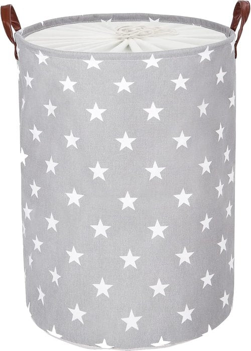 DOKEHOM 24-Inch Extra Large Laundry Basket - Collapsible Drawstring Hamper with Lid & Handle (Grey Star)