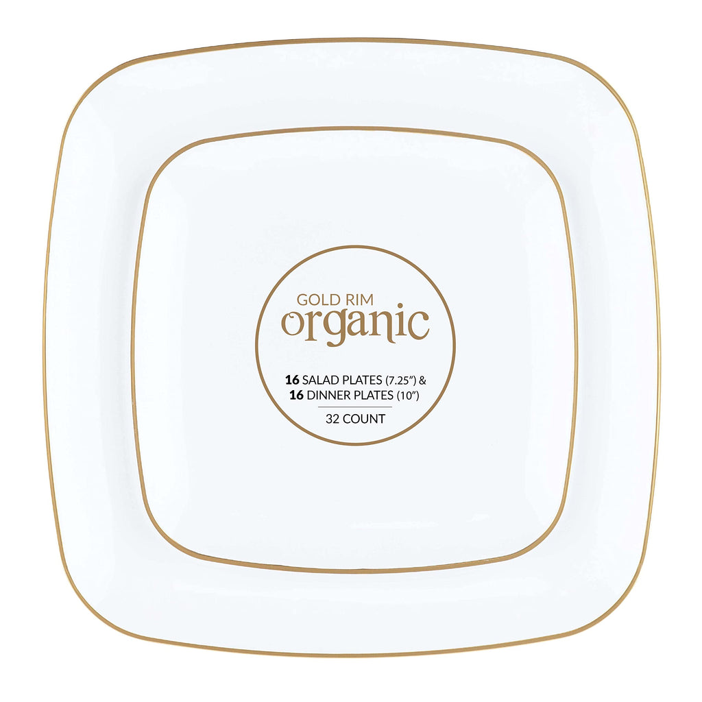 PLASTICPRO Square 128 Piece Combo Plates Set includes 64 x 7'' inch Plates & 64 x 10'' inch Dinner Plates White Plastic Gold Rim Design Party Plates, Premium heavyweight Elegant, Dishes,