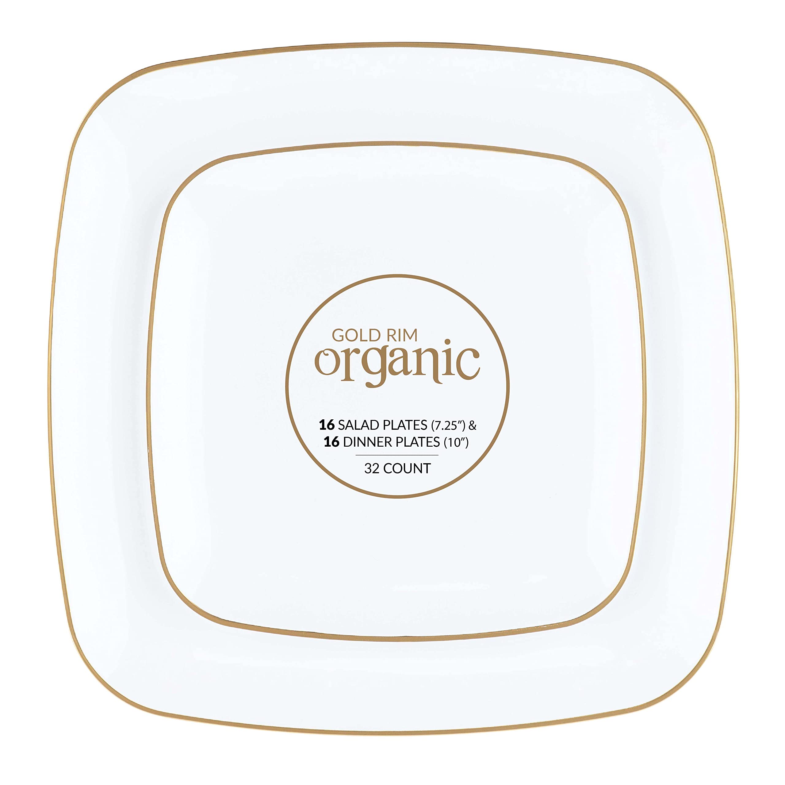 PLASTICPRO Square 128 Piece Combo Plates Set includes 64 x 7'' inch Plates & 64 x 10'' inch Dinner Plates White Plastic Gold Rim Design Party Plates, Premium heavyweight Elegant, Dishes,