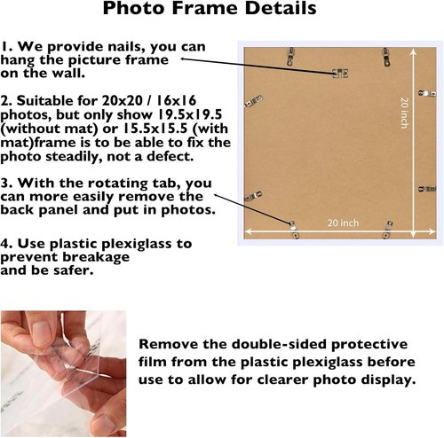 JCJMY 20x20 Picture Frame - White Frame with 16x16 Mat for Wall Display | Shatter-Resistant Plexiglass