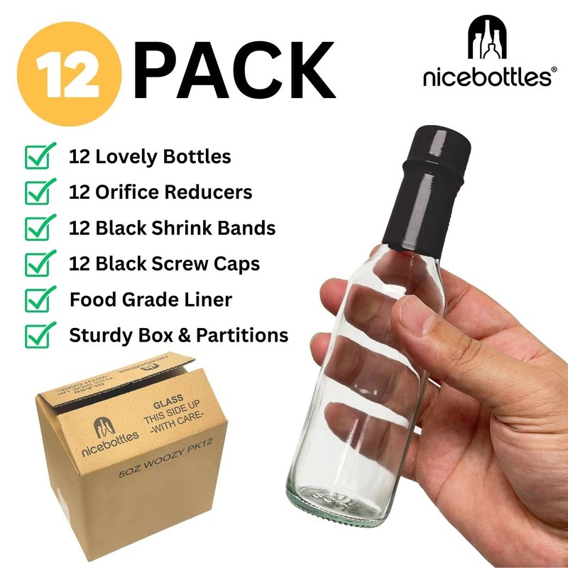 Hot Sauce Bottles with Shrink Bands, 5 Oz (Black Cap, 12 Pack)