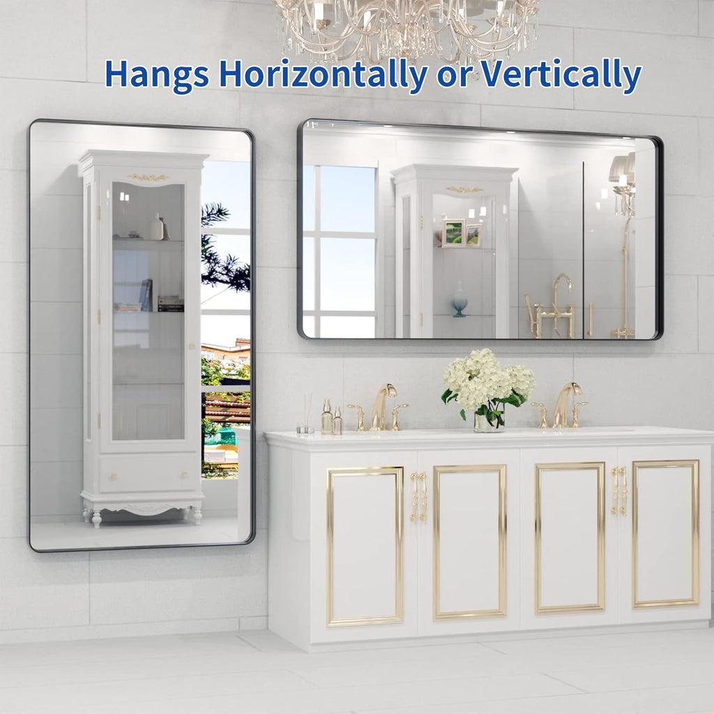 WEER Black Bathroom Mirror - 55x30 Inch Rounded Rectangle Matte Black Frame | Anti-Rust Tempered Glass